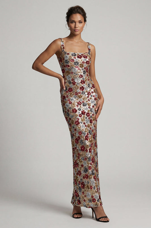 Robe longue de mère de la mariée sirène à sequins floraux et décolleté carré rouge étincelant