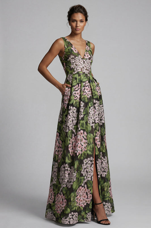Dark Green V-Neck Floral Long A-Line Mother of the Bride Dress with Pockets