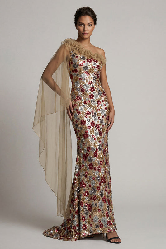 Robe longue sirène rouge brillante fleurie à volants et paillettes avec cape latérale pour mère de la mariée