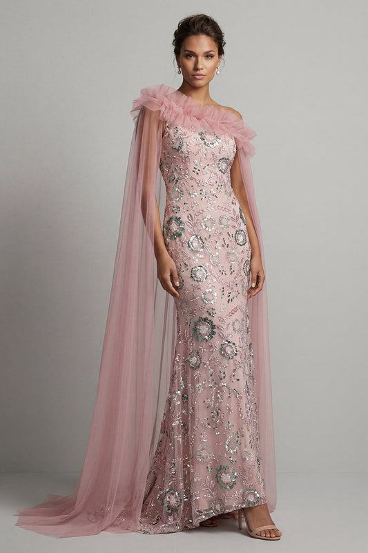 Robe longue de mère de la mariée sirène à volants rose étincelant avec perles et cape