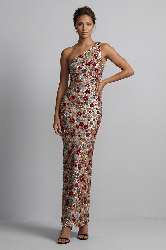 Robe longue de mère de la mariée sirène asymétrique fleurie à paillettes rouge étincelante