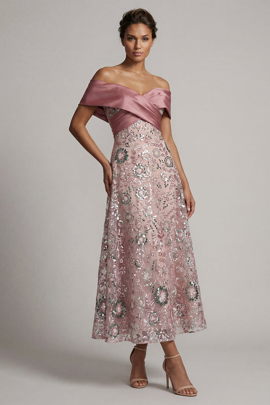 Robe de mère de la mariée longue ligne A rose étincelant avec perles et épaules dénudées
