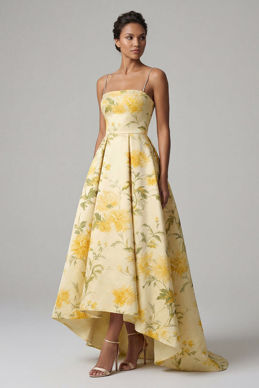 Yellow A Line Spaghetti Straps High Low Floral Dress