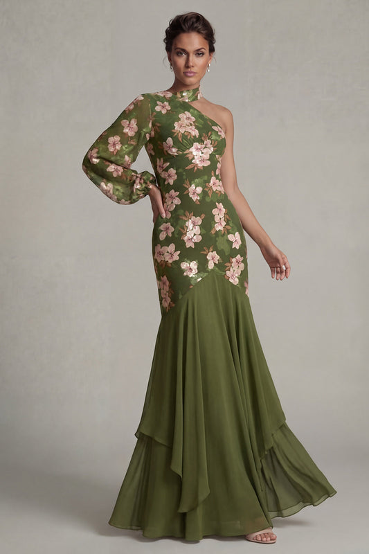 Robe de Mère de la Mariée Eucalyptus Licou Sirène Asymétrique avec Manches Longues