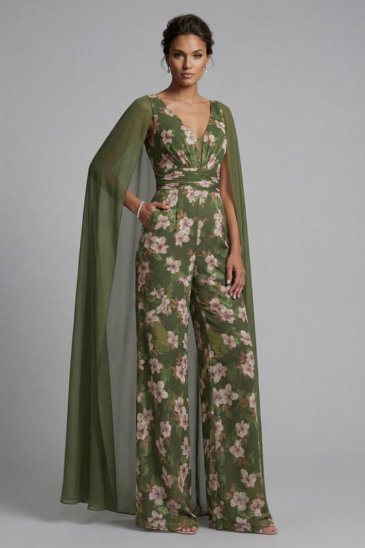 Combinaison Eucalyptus à col en V fleuri avec cape pour la mère de la mariée