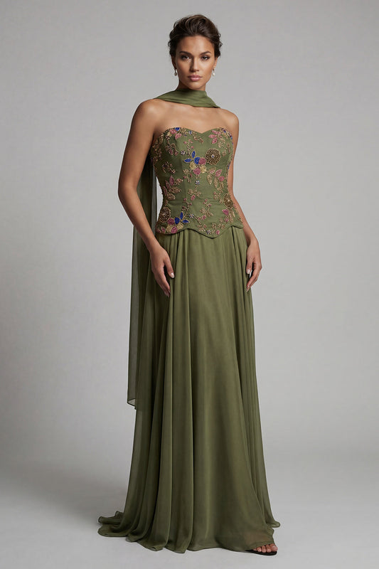 Robe de mère de la mariée trapèze sans bretelles vert olive avec applications et écharpe