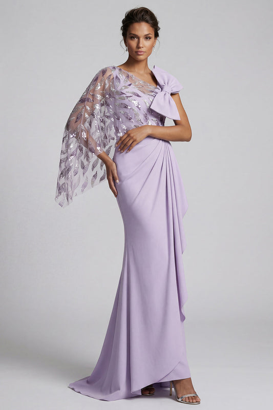 Robe de sirène asymétrique en tulle à sequins lilas avec cape pour mère de la mariée