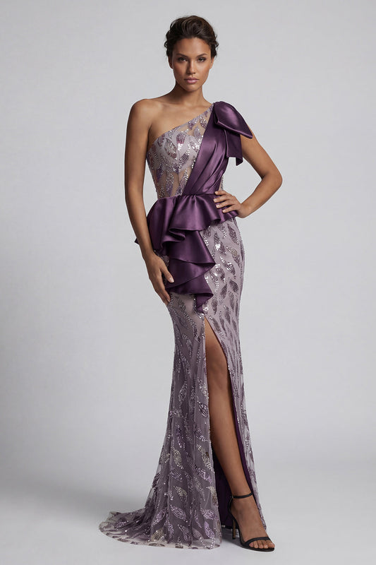 Robe de soirée sirène violette pailletée à sequins, fendue, asymétrique à une épaule pour la mère de la mariée