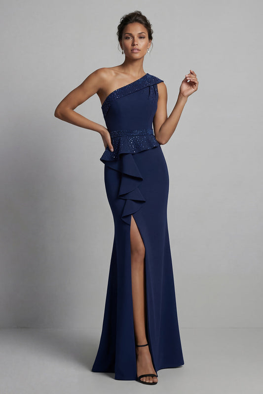 Navy One Shoulder Long Beaded Mermaid Mother of the Bride Dress with Ruffles