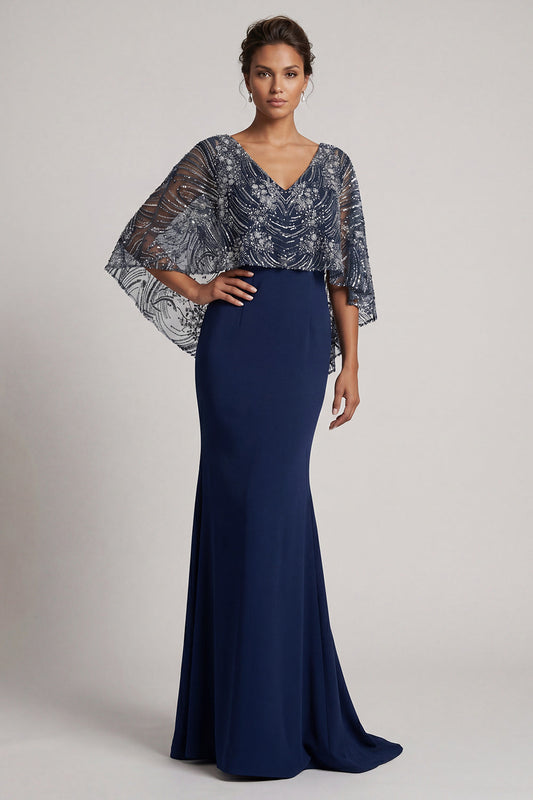 Robe de mère de la mariée sirène à col en V en paillettes bleu marine scintillantes avec cape