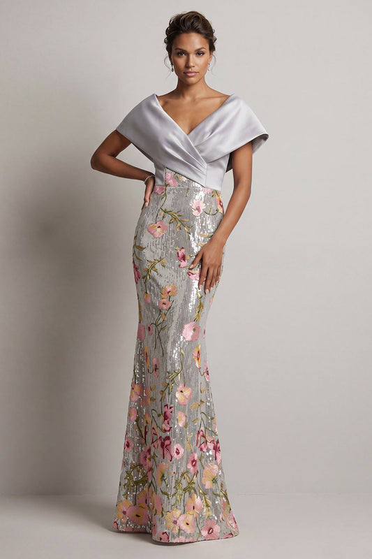 Robe sirène longue de mère de la mariée scintillante argentée florale à sequins et col en V