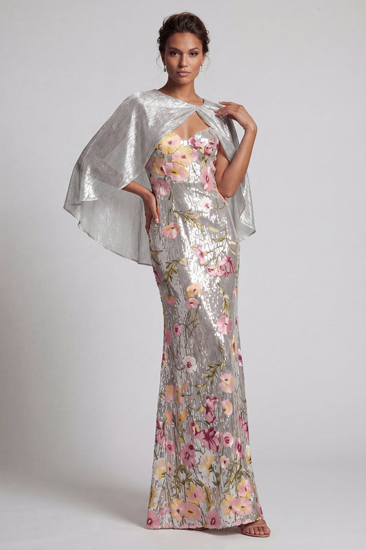 Robe longue de mère de la mariée sirène, à paillettes florales argentées, avec cape
