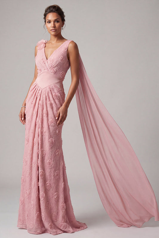 Robe de soirée sirène longue rose floral col V avec traîne pour la mère de la mariée