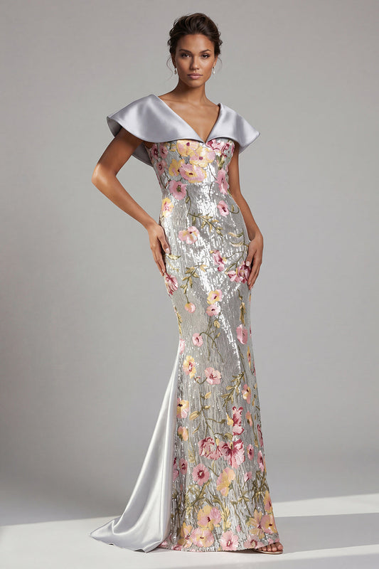 Robe longue sirène scintillante argentée à sequins floraux de mère de la mariée avec cape