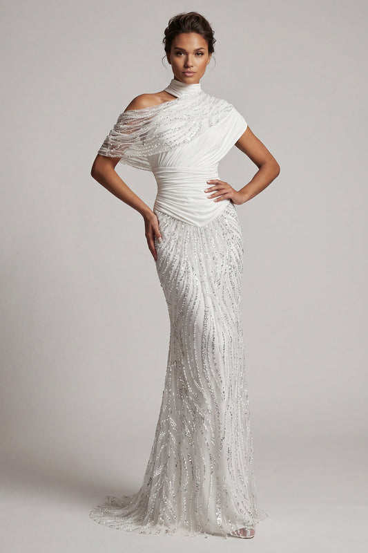 Robe longue de mère de la mariée sirène, blanche ornée de perles scintillantes
