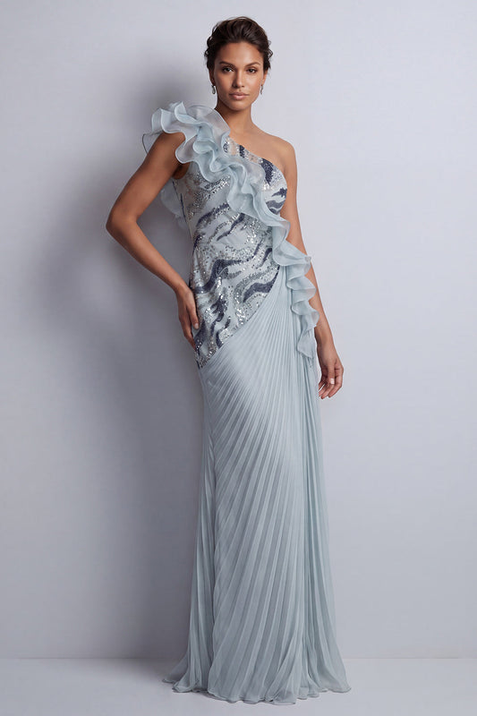 Robe longue de mère de la mariée à volants, en mousseline bleu poussière étincelante et asymétrique à une épaule