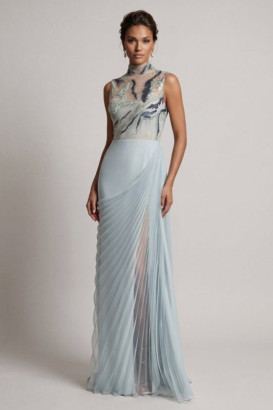 Dusty Blue Chiffon Pleated High Neck Long Mother Of the Bride Dress