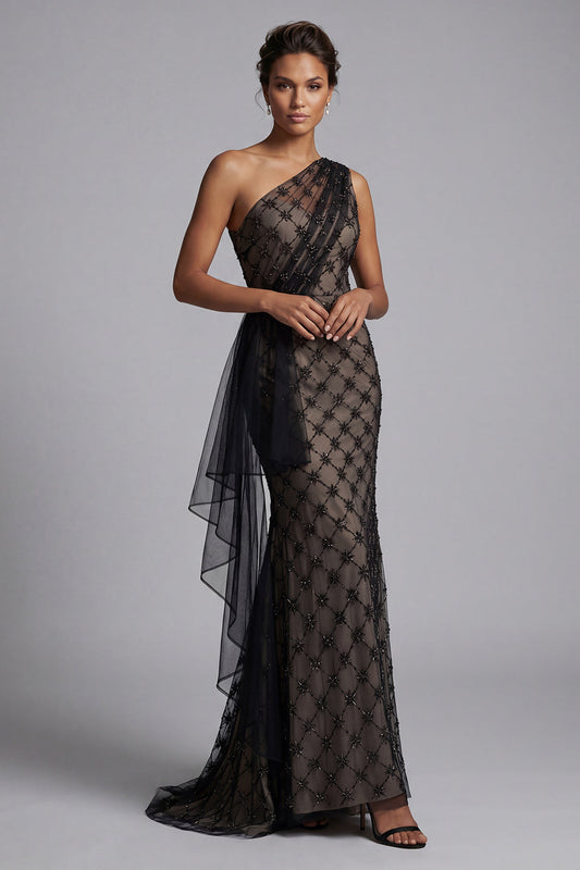 Black Plaid One Shoulder Mermaid Long Mother Of the Bride Dress with Ruffles