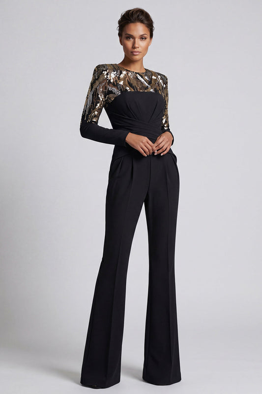 Sparkly Black Sequins Long Sleeves Round Neck Ruched Mother of the Bride Jumpsuits