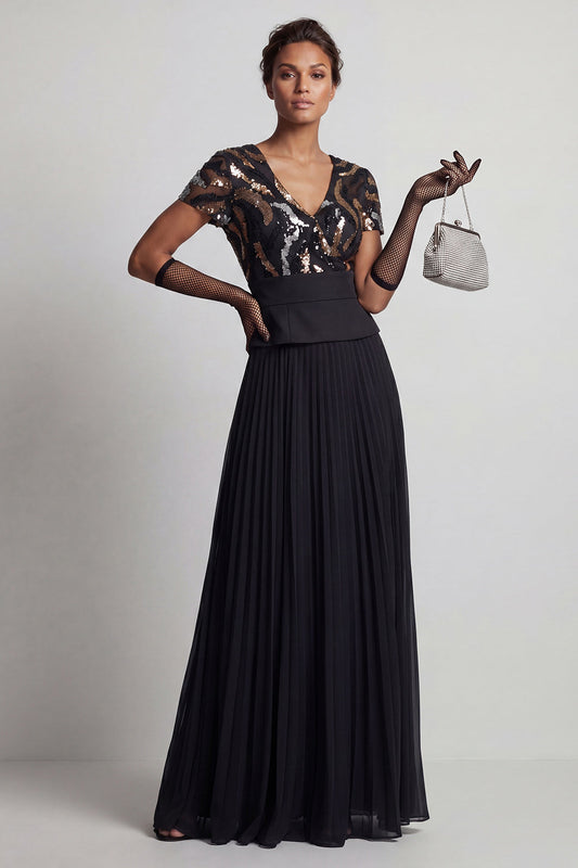 Robe de mère de la mariée longue plissée trapèze en mousseline de soie noire scintillante avec manches