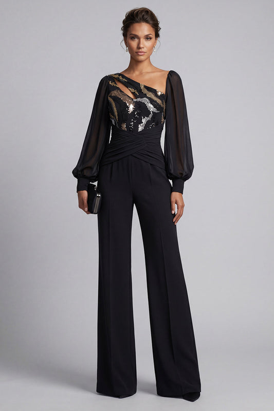 Sparkly Black Ruched Sequin Long Sleeves Mother Of the Bride Jumpsuit