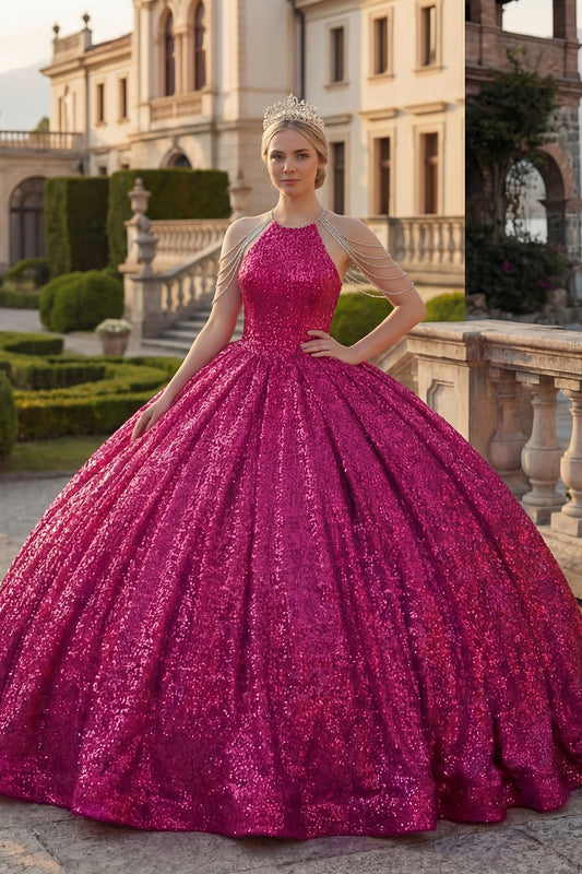 Sparkly Fuchsia Halter Neck Ball Gown Sequins Quinceanera Dress