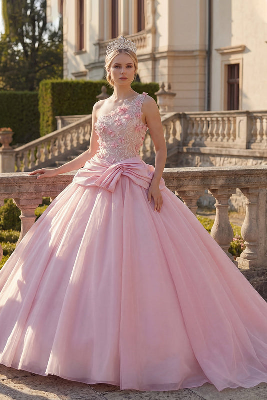 Pink Ball Gown One Shoulder Appliqued Ruched Quinceanera Dress