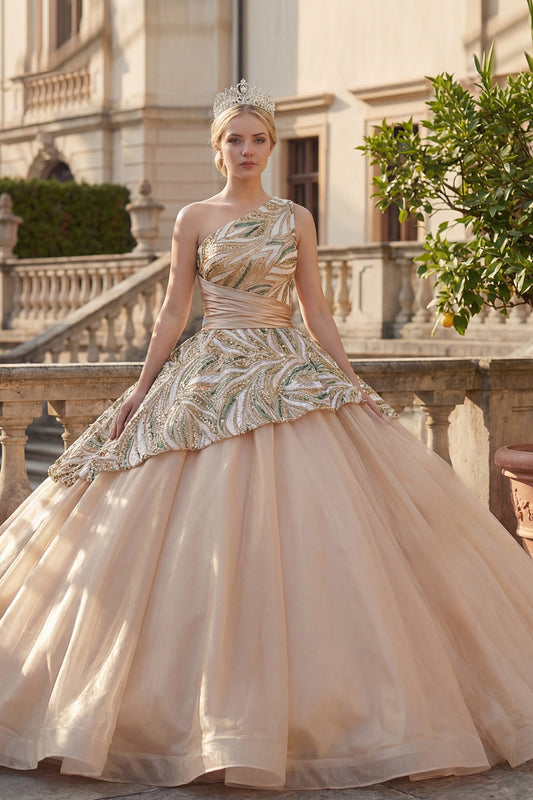 Sparkly Champagne Ball Gown One Shoulder Sequins Quinceanera Dress