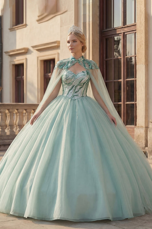 Sparkly Ball Gown Sweetheart Sequins Mint Green Quinceanera Dress with Cape