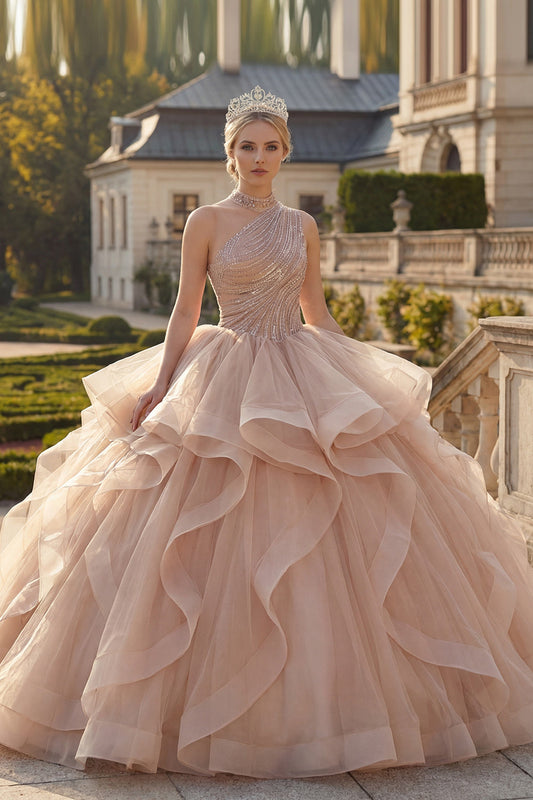 One-Shoulder Champagne Ball Gown Beaded Quinceanera Dress with Ruffles