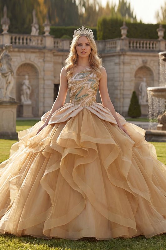 Sparkly One-Shoulder Ball Gown Sequined Champagne Quinceañera Dress with Ruffles