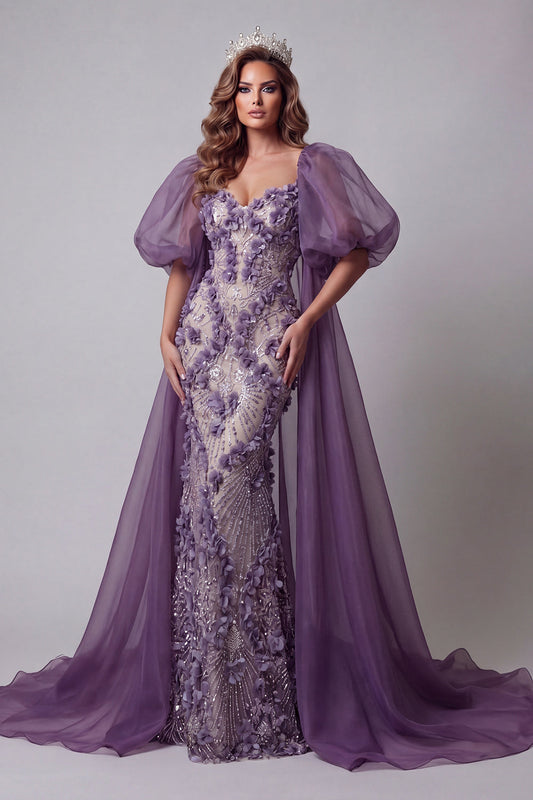 Purple Puff Sleeve Mermaid Pageant Dress with 3D Flowers