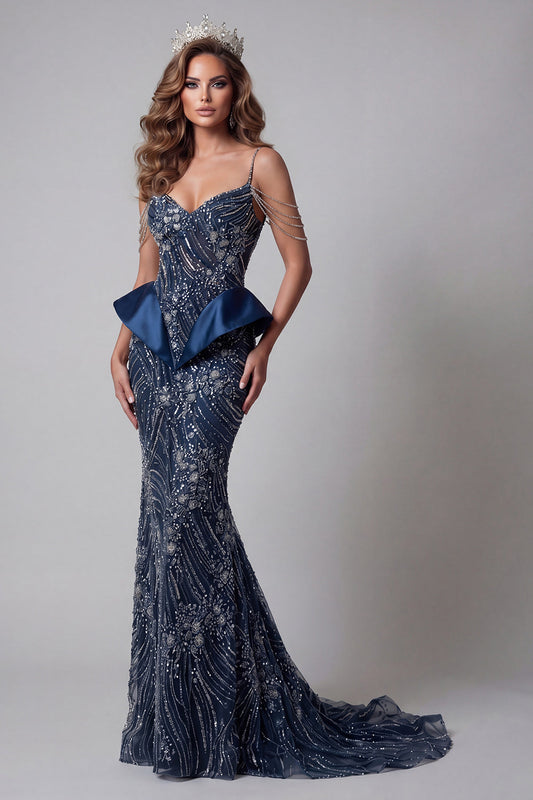 Cold Shoulder Navy Sequin Mermaid Pageant Dress