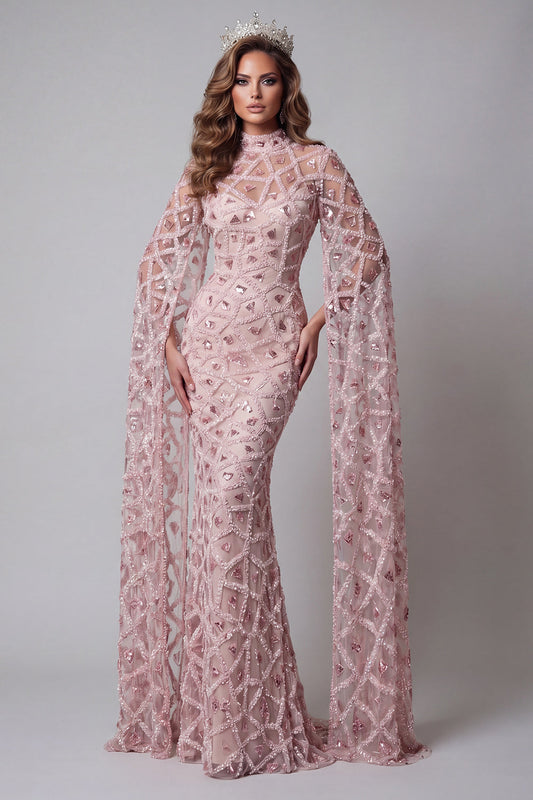Robe de soirée sirène sequins rose poudré à col montant