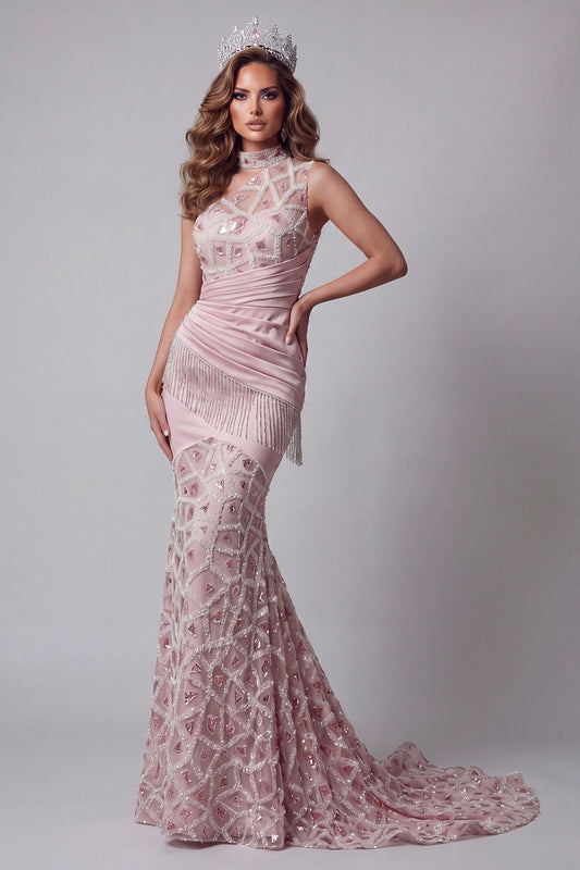 Robe de soirée à une épaule en sequins blush avec pompons