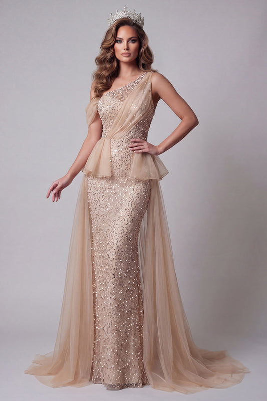 One Shoulder Champagne Sequin Mermaid Pageant Dress with Cape