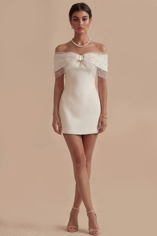 White Off-the-Shoulder Ruched Short Tight Graduation Dress