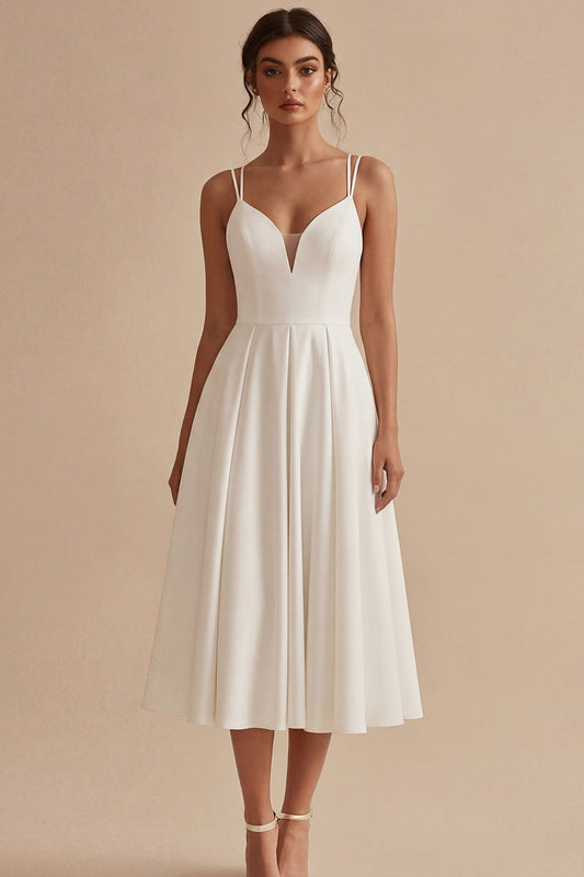 Simple White Satin Midi A Line Beach Wedding Dress