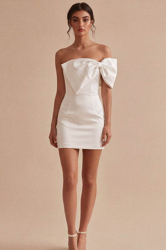 One Shoulder White Bodycon White Mini Dress with Bow