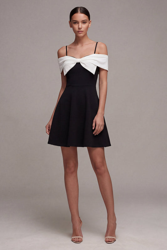 Robe de cocktail évasée à épaules dénudées avec nœud, noire et blanche