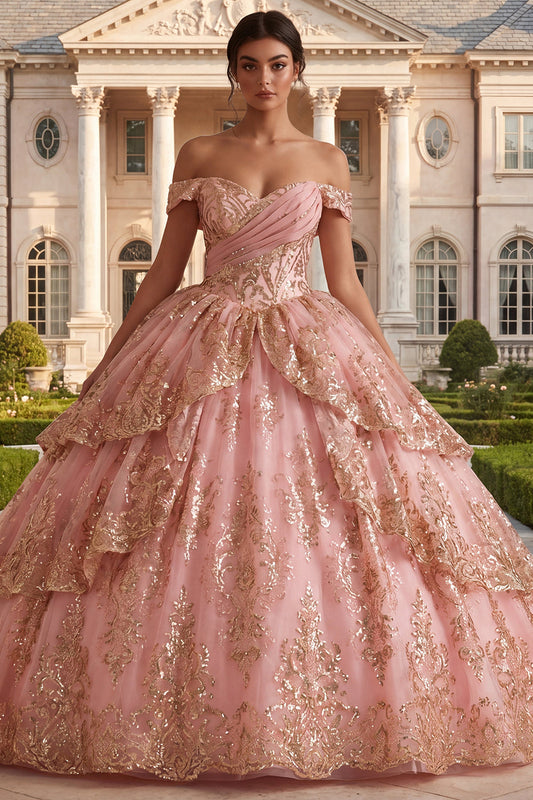 Off the Shoulder Pink Ruffled Ball Gown Quinceanera Dress