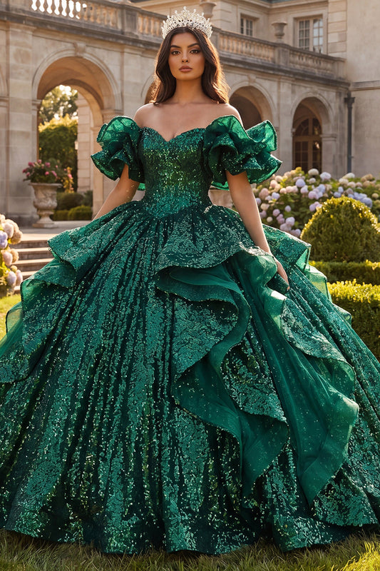 Robe de bal de Quinceañera vert foncé à volants et épaules dénudées