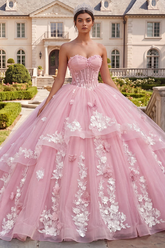 Robe de bal bustier corset rose floral pour Quinceañera
