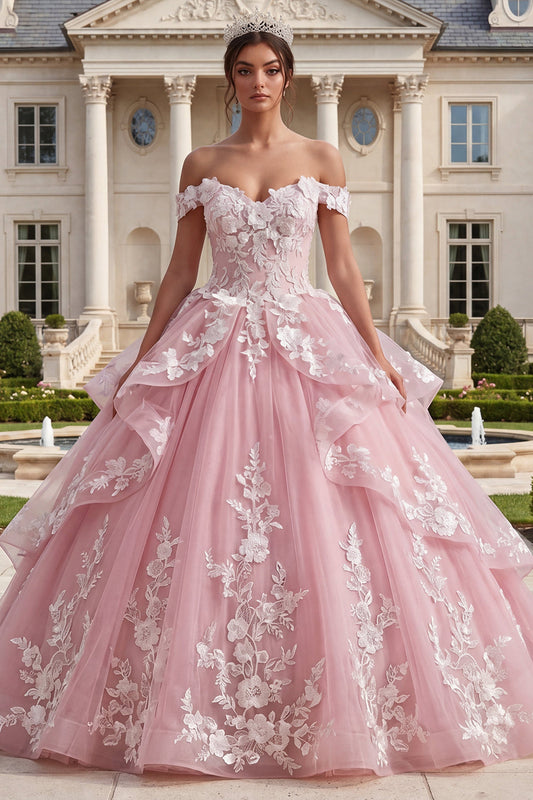 Robe de bal de Quinceanera rose avec appliqués, épaules dénudées et volants