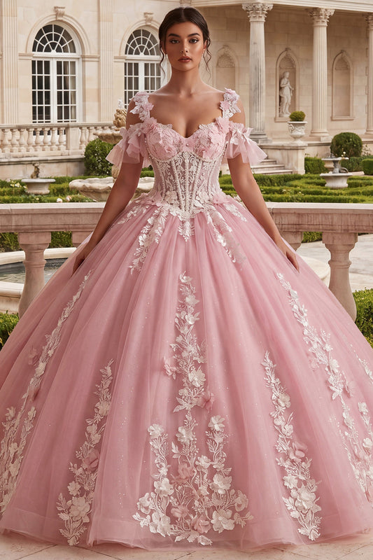 Robe de Quinceanera Rose à Appliqués et Épaules Dénudées