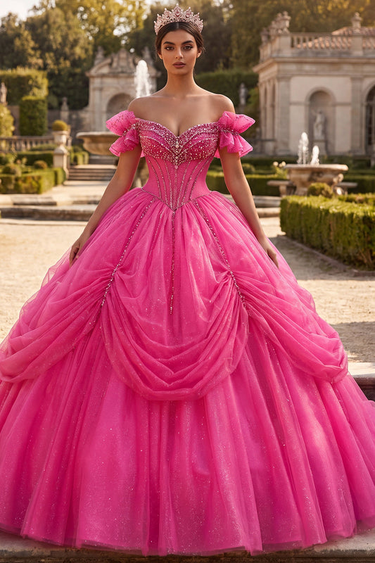 Fuchsia Off-the-Shoulder Beaded Ball Gown Quinceañera Dress