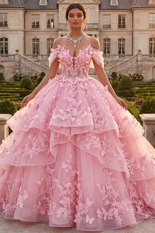 Robe de bal rose à épaules dénudées avec applications et volants pour quinceañera