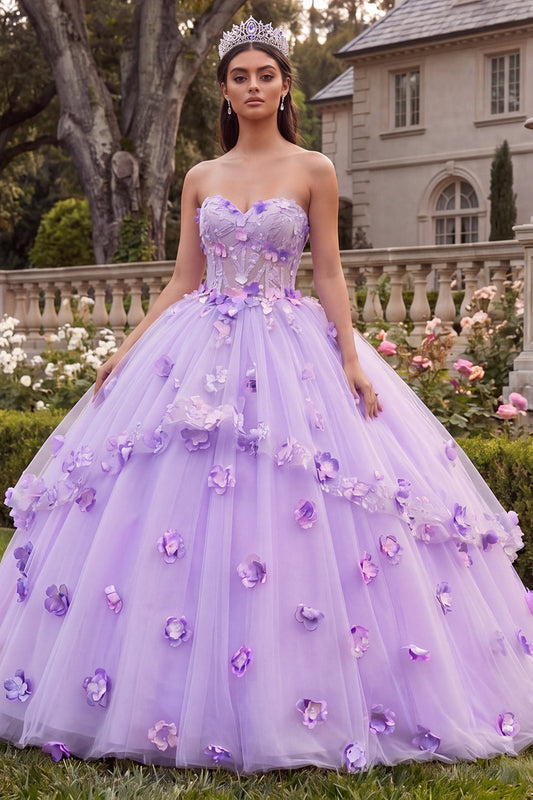 Vestido de quinceañera lila sin tirantes estilo corsé con flores 3D