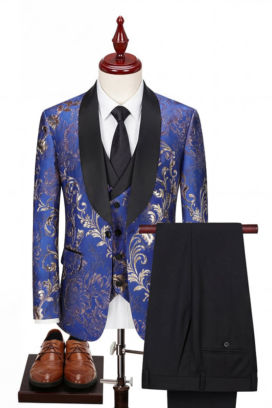 Costumes de mariage bleus pour hommes à revers châle, 3 pièces, 1 bouton