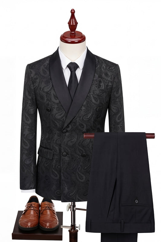 Costumes de mariage pour hommes à revers châle noirs croisés 2 pièces